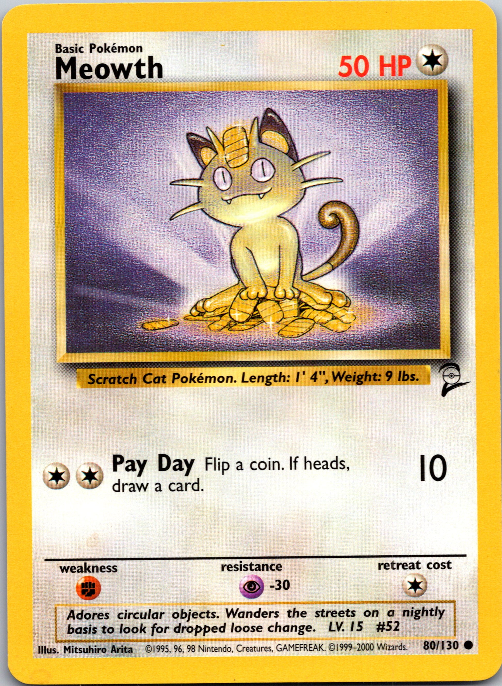 1999 Base Set 2 080/130 Meowth Common A275