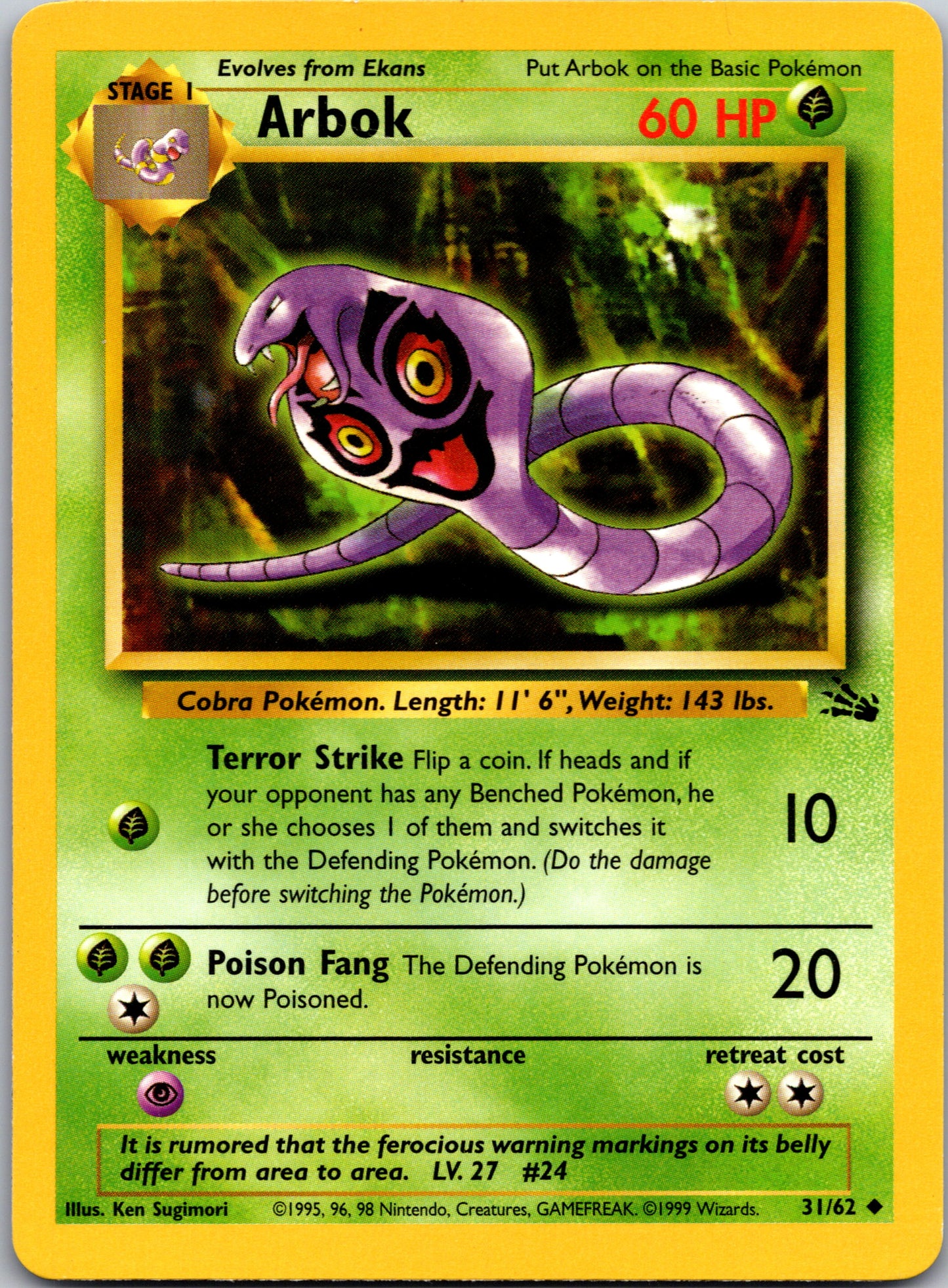 1999 Fossil 31/62 Arbok Uncommon B11