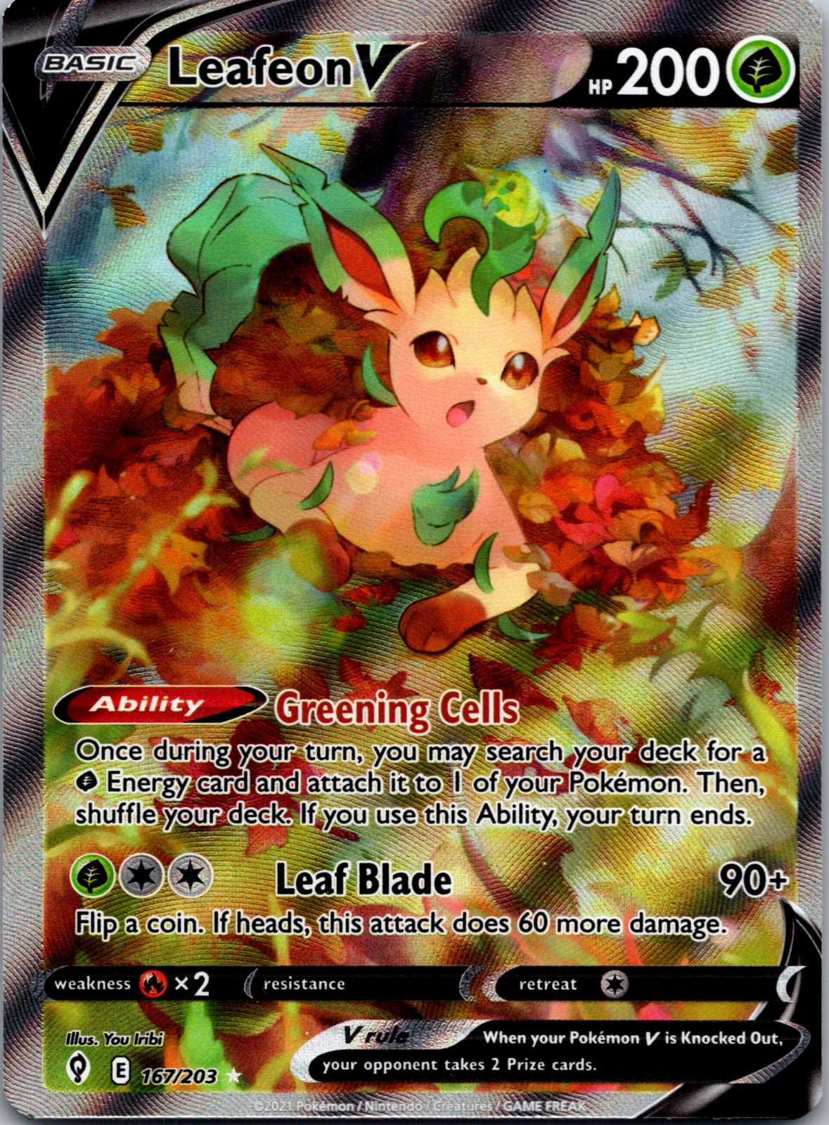 2021 SWSH07: Evolving Skies 167/203 Leafeon V (Alternate Full Art) NM