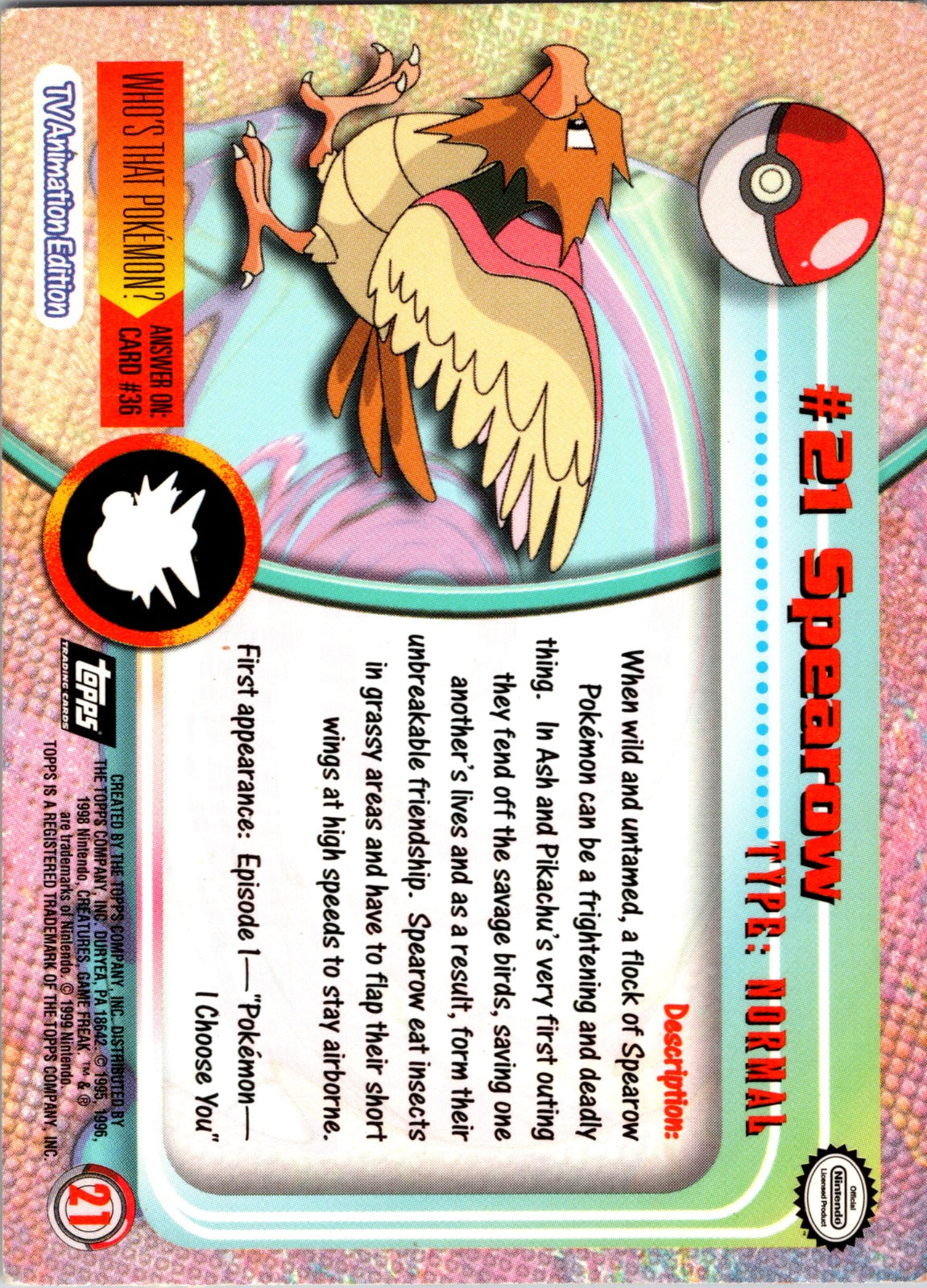 1999 Topps TV Spearow MP  P134