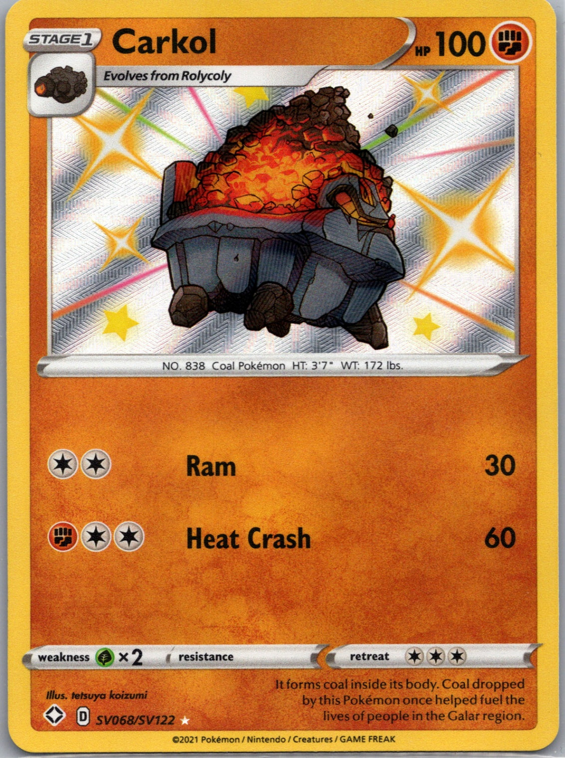 2021 Shining Fates: Shiny Vault SV068/SV122 Carkol Shiny Holo Rare D214