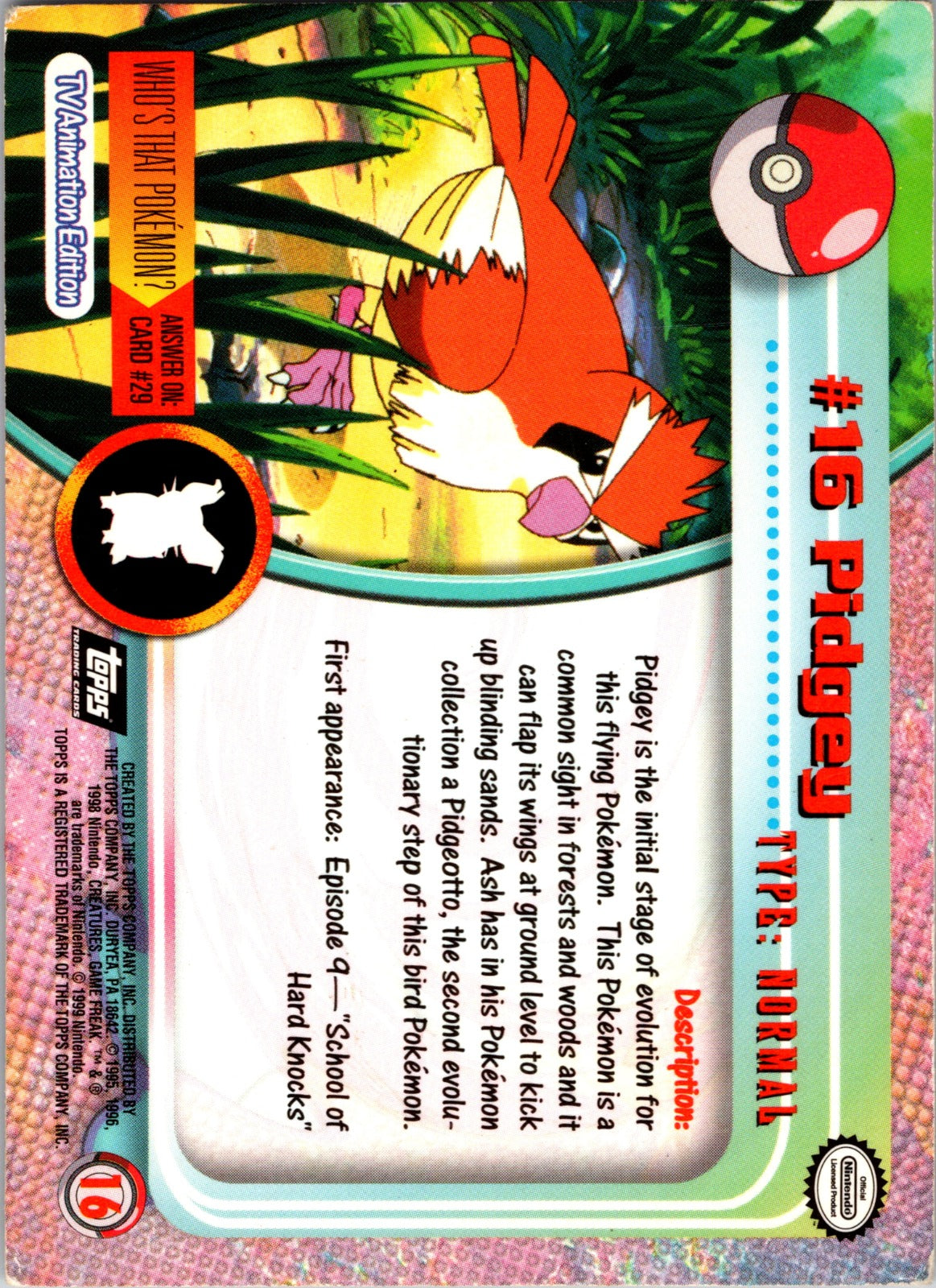 1999 Topps TV Pidgey MP  P132