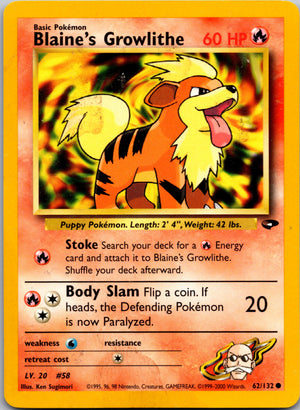 2000 Gym Challenge 062/132 Blaine's Growlithe Common A68