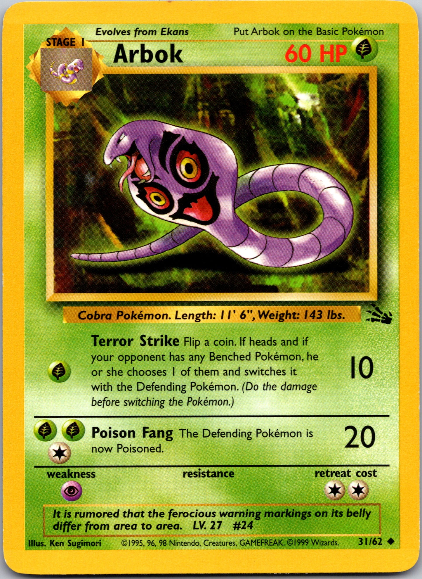 1999 Fossil 31/62 Arbok Uncommon B13