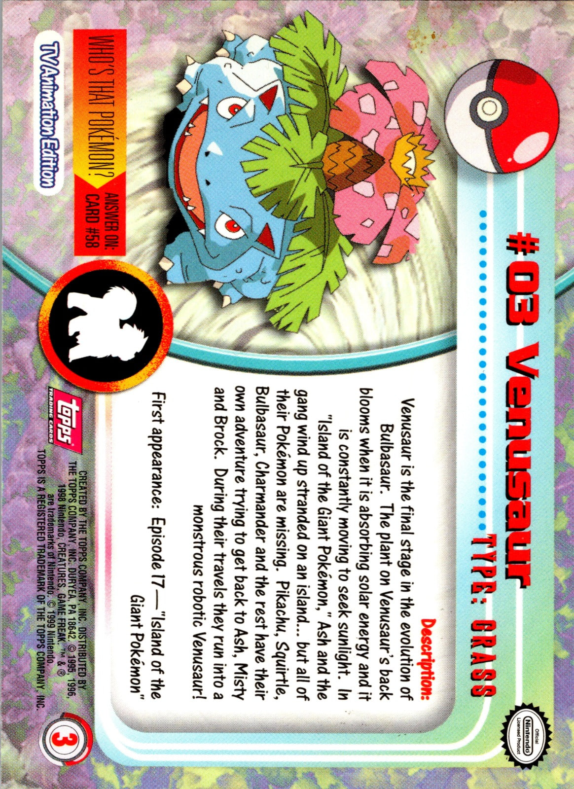 1999 Topps TV Venusaur LP  P103