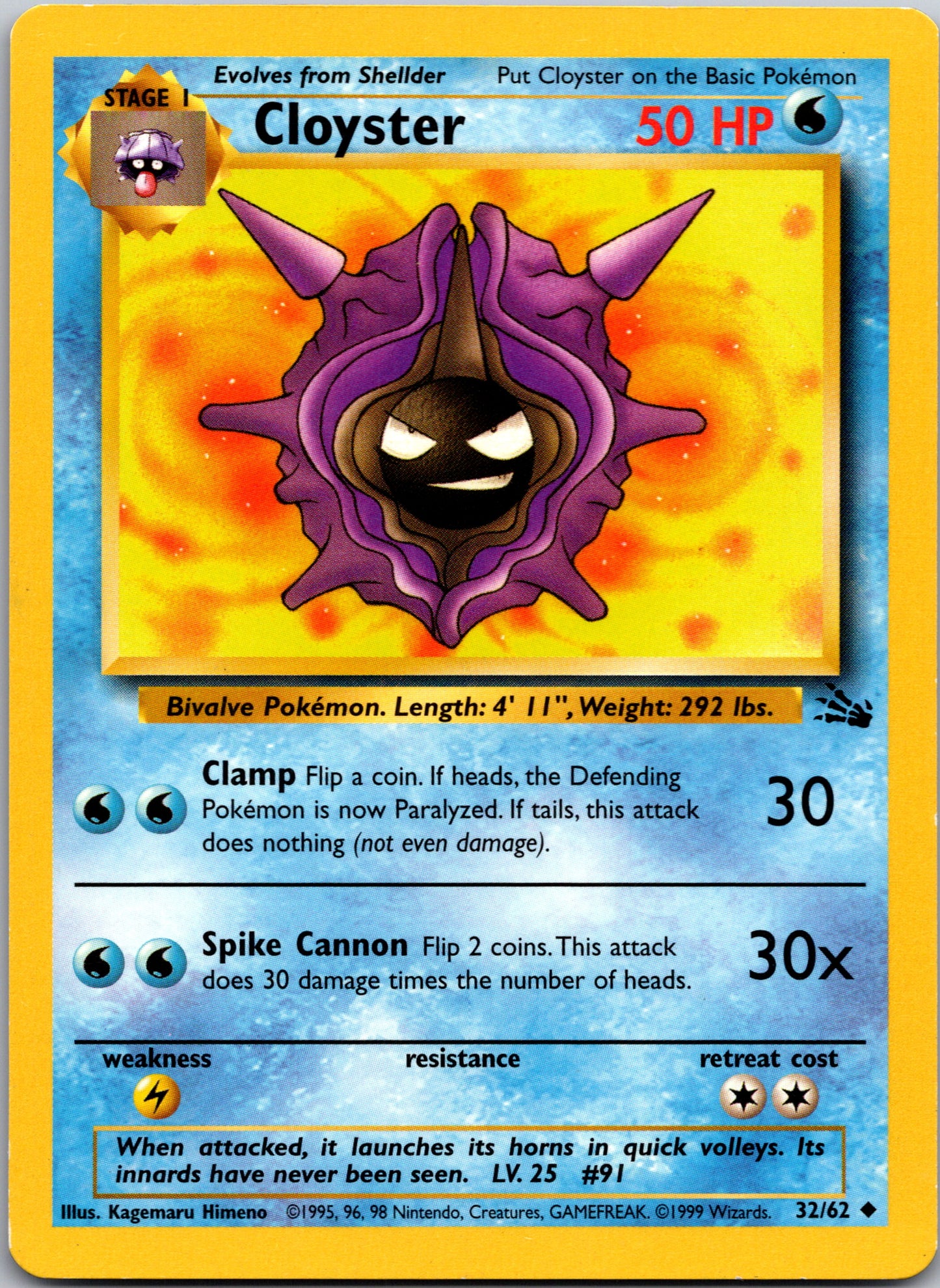 1999 Fossil 32/62 Cloyster Uncommon B8