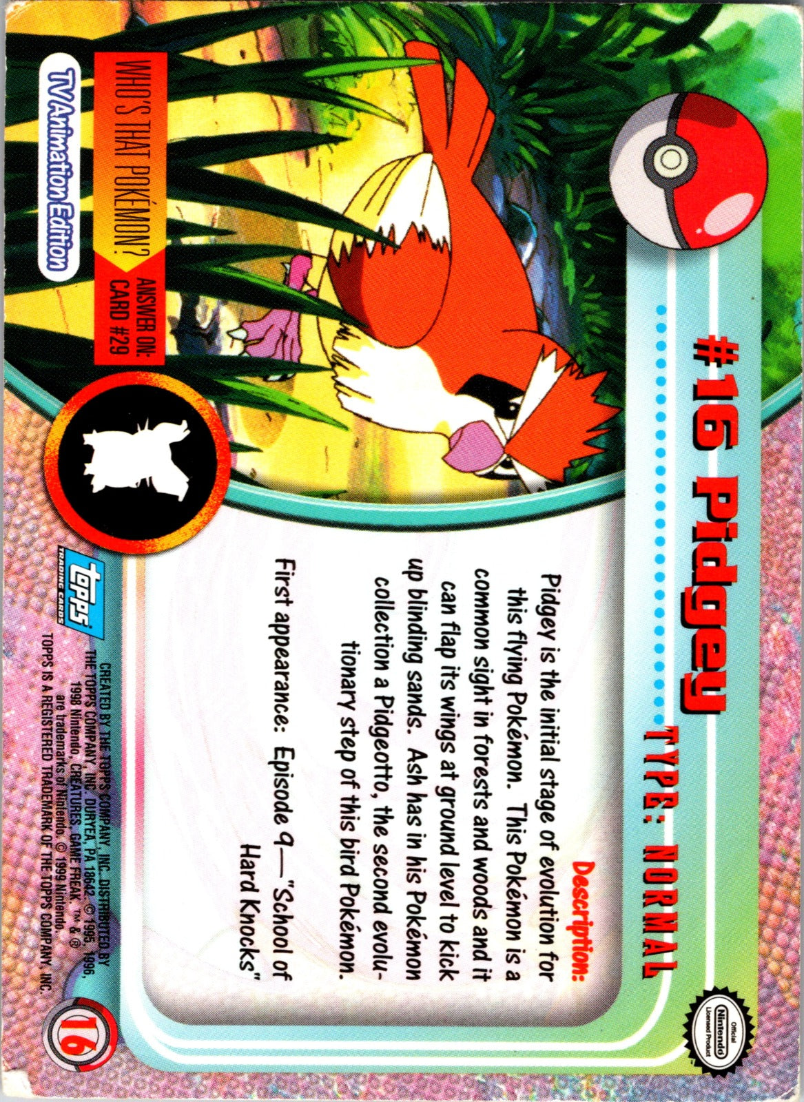 1999 Topps TV Pidgey HP  P124