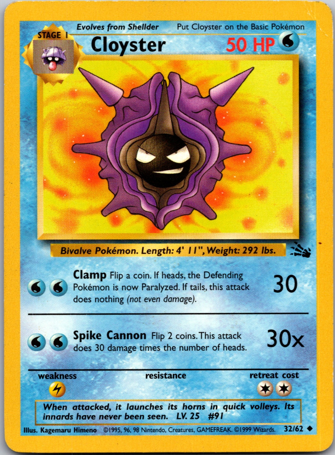 1999 Fossil 32/62 Cloyster Uncommon L53