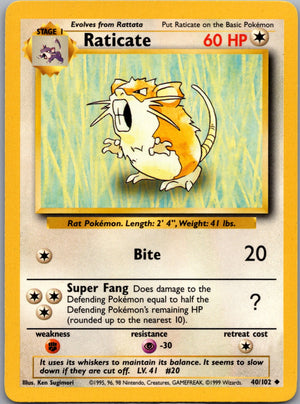 1999 Base Set  040/102 Raticate Uncommon M100