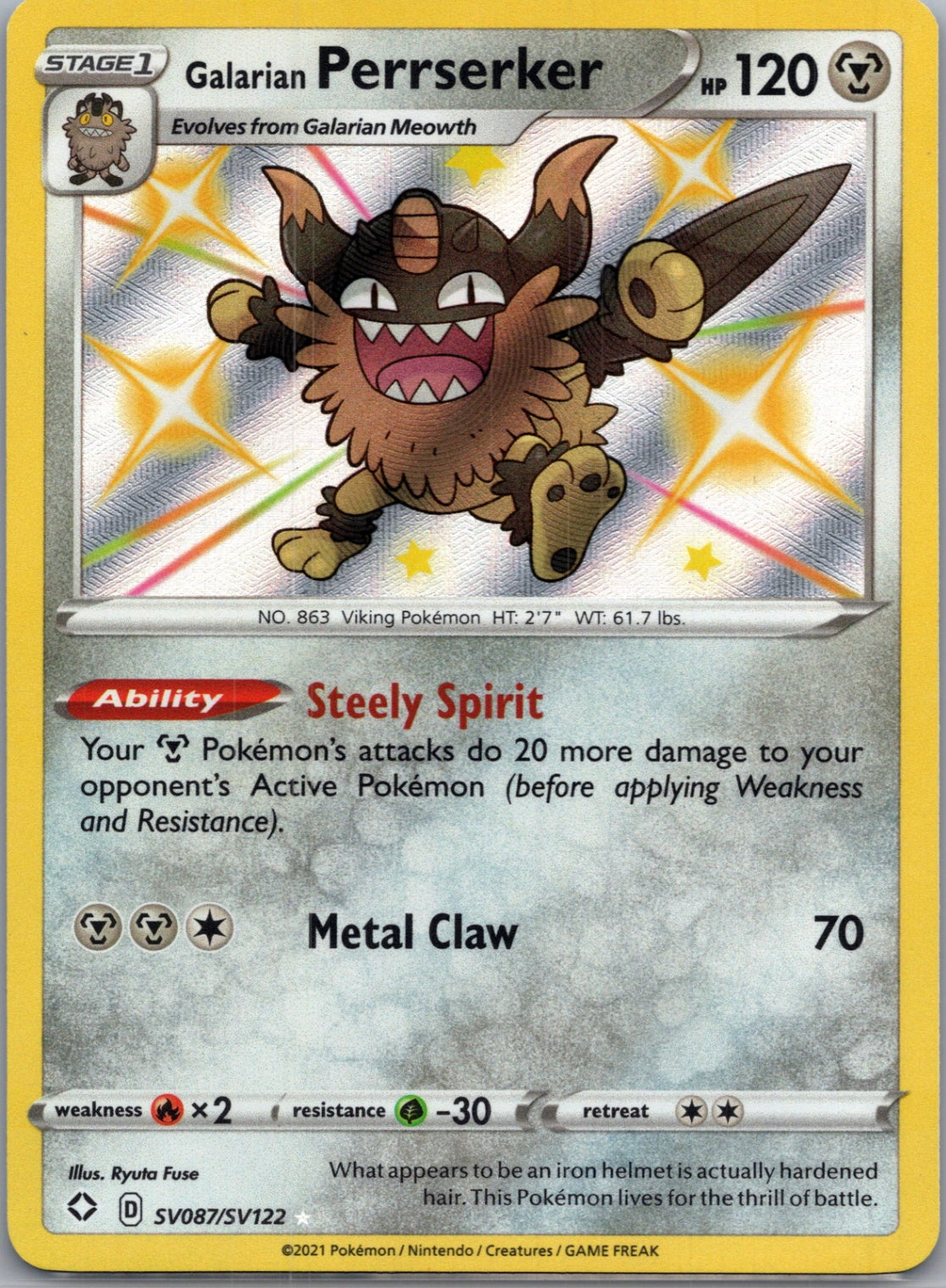 2021 Shining Fates: Shiny Vault SV087/SV122 Galarian Perrserker Shiny Holo Rare F157