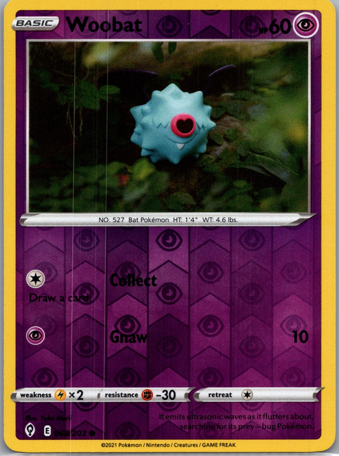 2021 SWSH07: Evolving Skies 068/203 Woobat Reverse Holo F214
