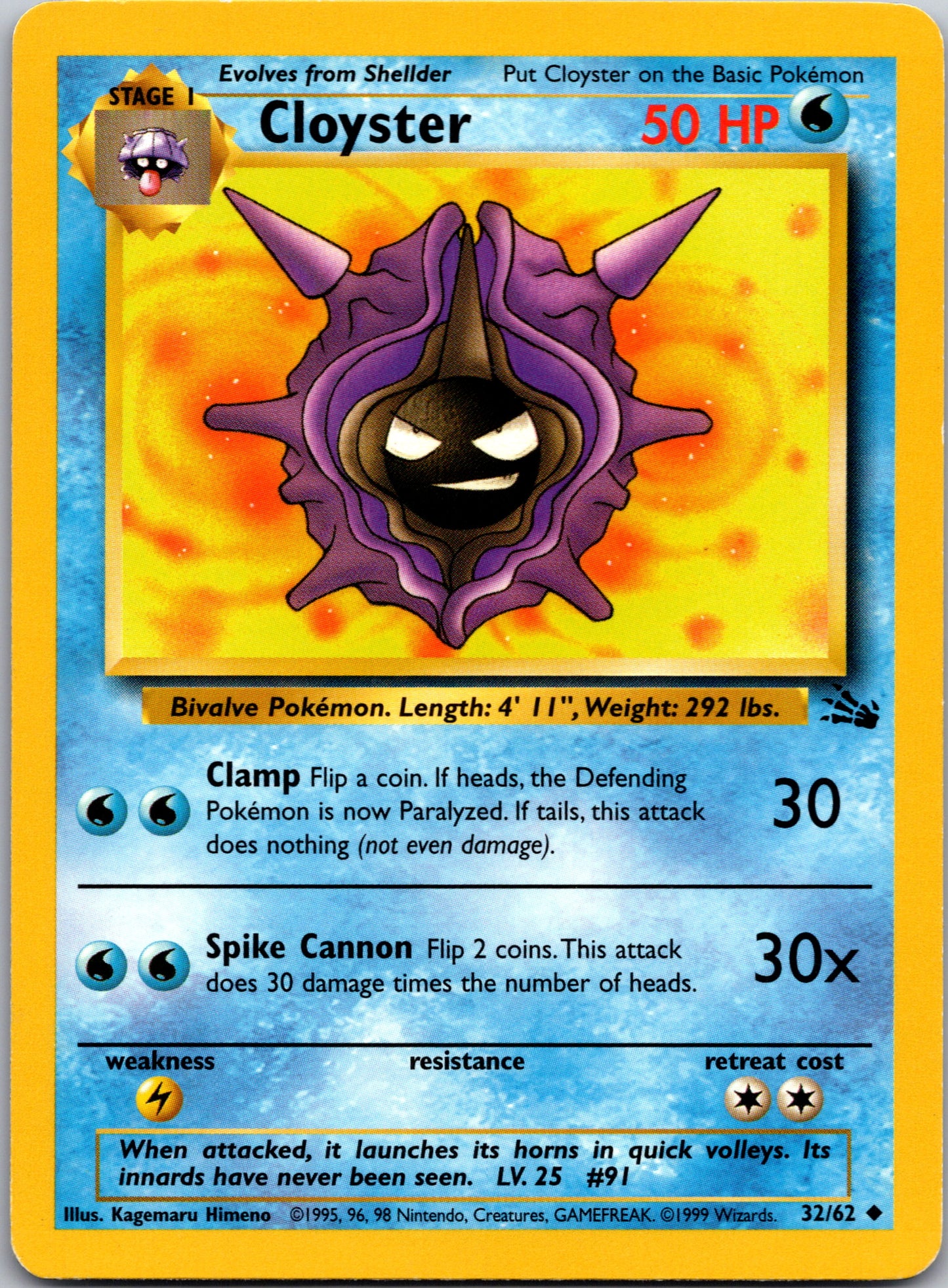 1999 Fossil 32/62 Cloyster Uncommon B5