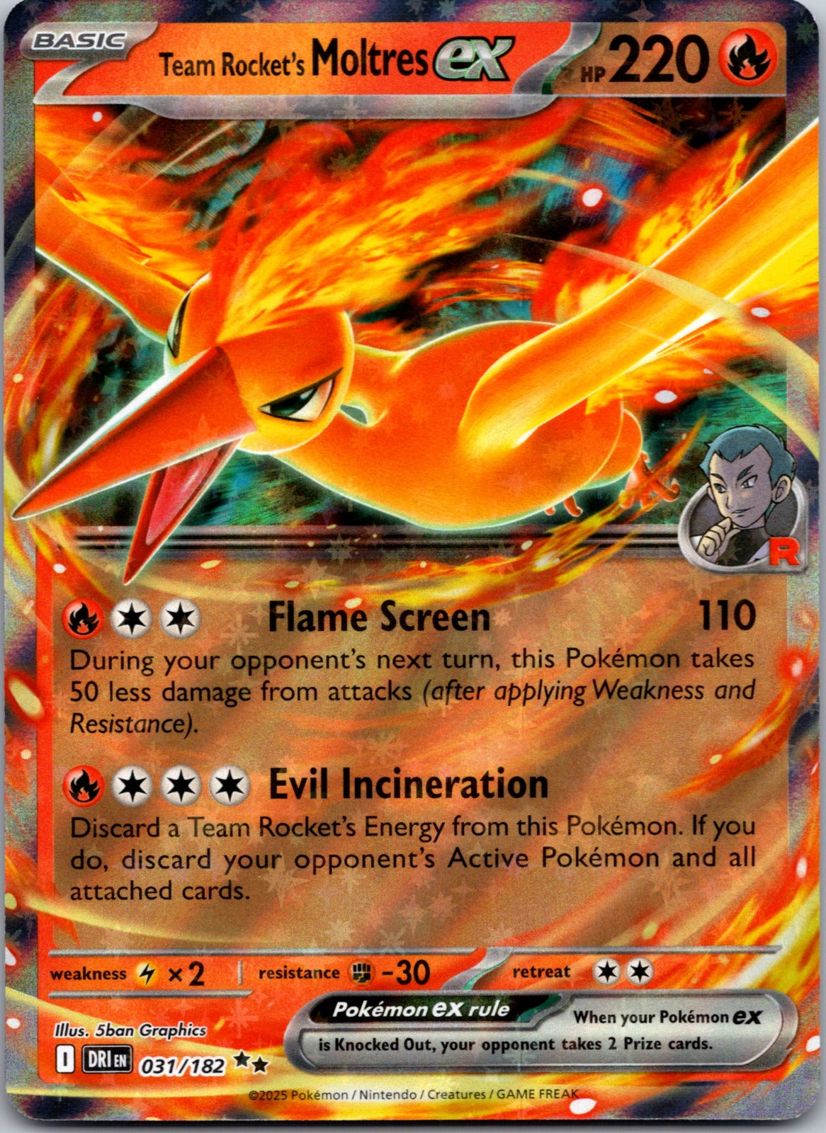 2025 SV10: Destined Rivals 031/182 Team Rocket's Moltres ex NM