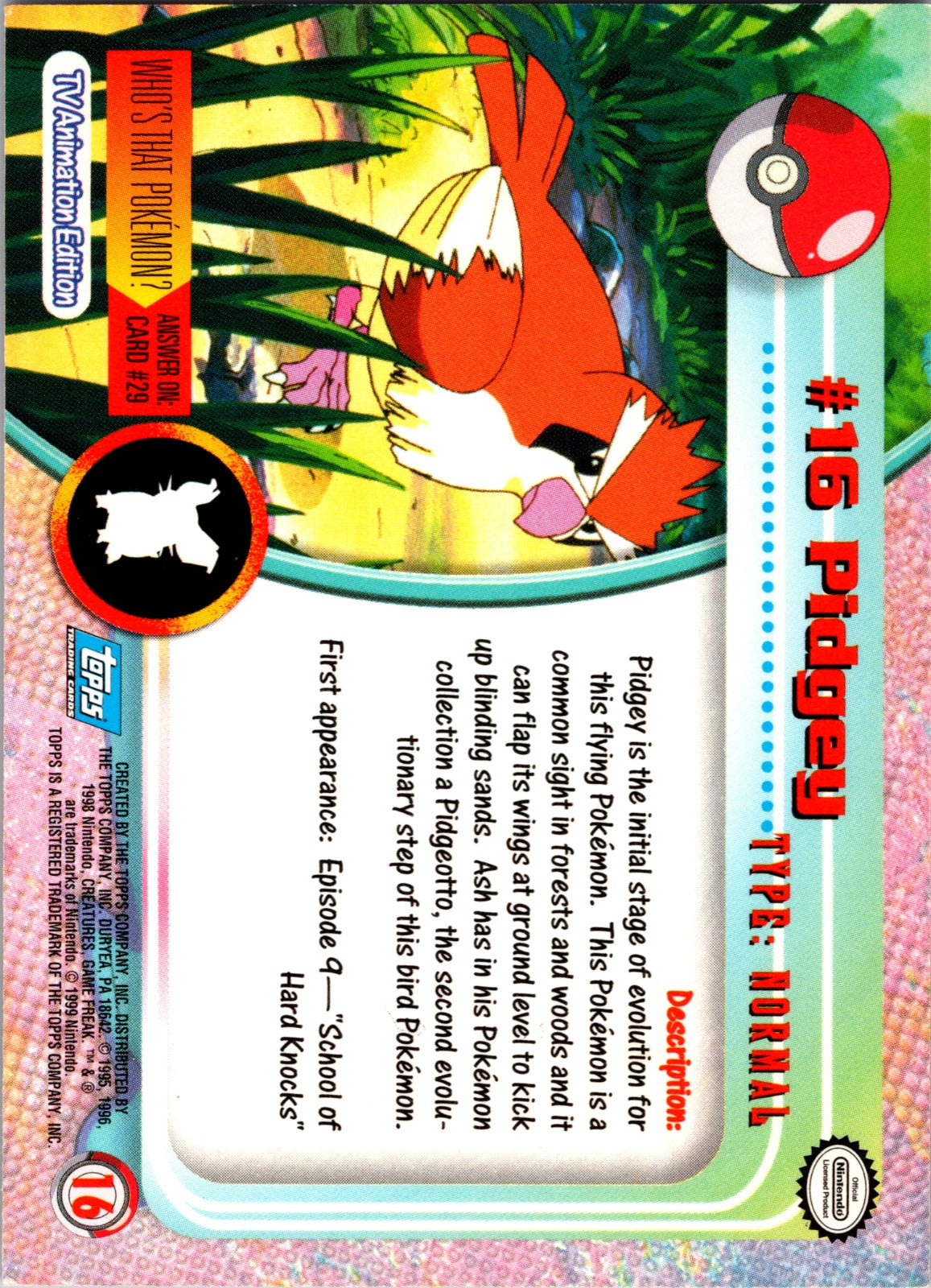 1999 Topps TV Pidgey LP  P87