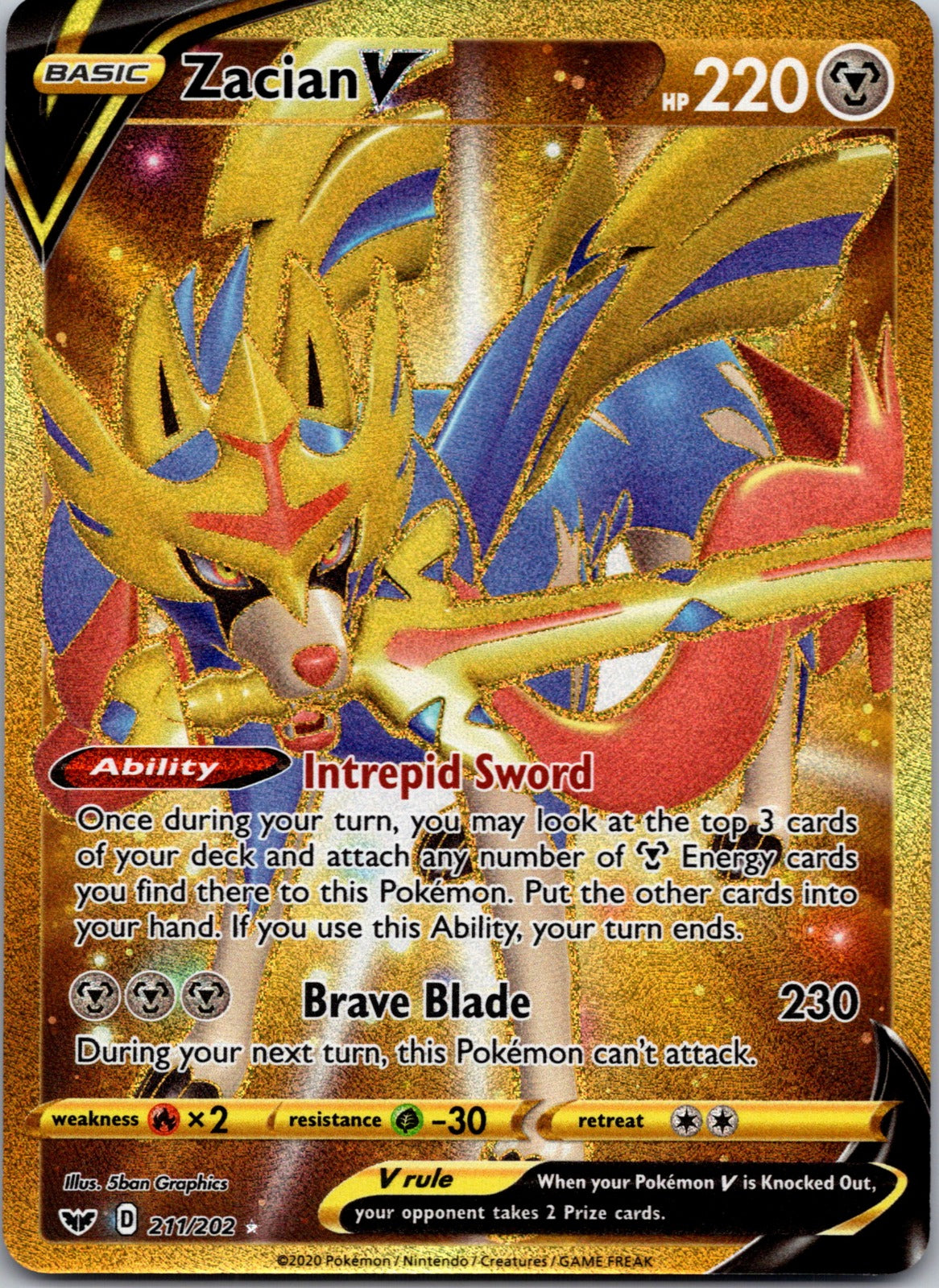 Zacian V (Secret) Holo Secret Rare SWSH01: Sword & Shield Base Set 211/202 LP