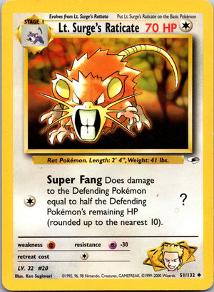2000 Gym Heroes 051/132 Lt. Surge's Raticate LP