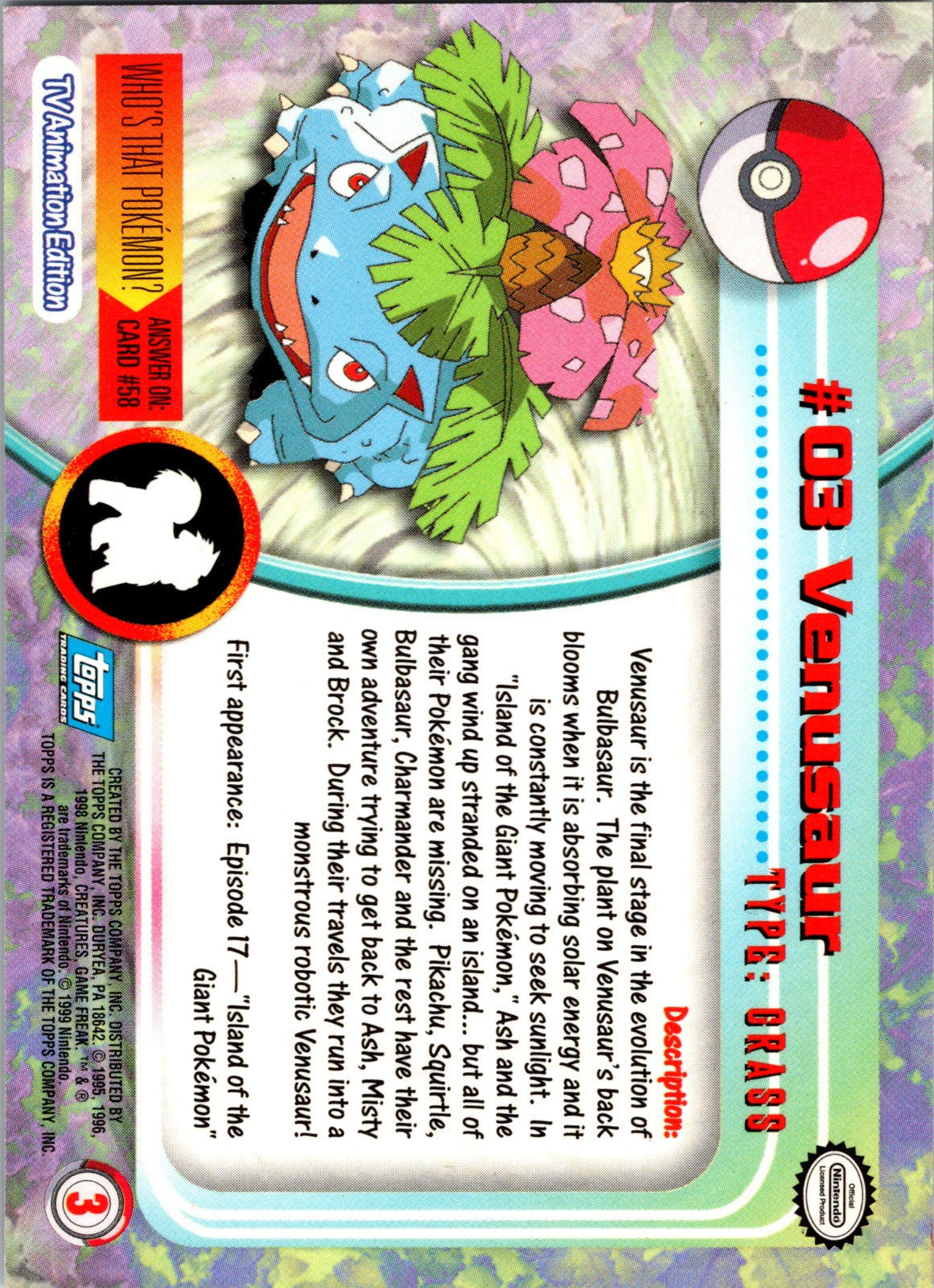 1999 Topps TV Venusaur LP  X7