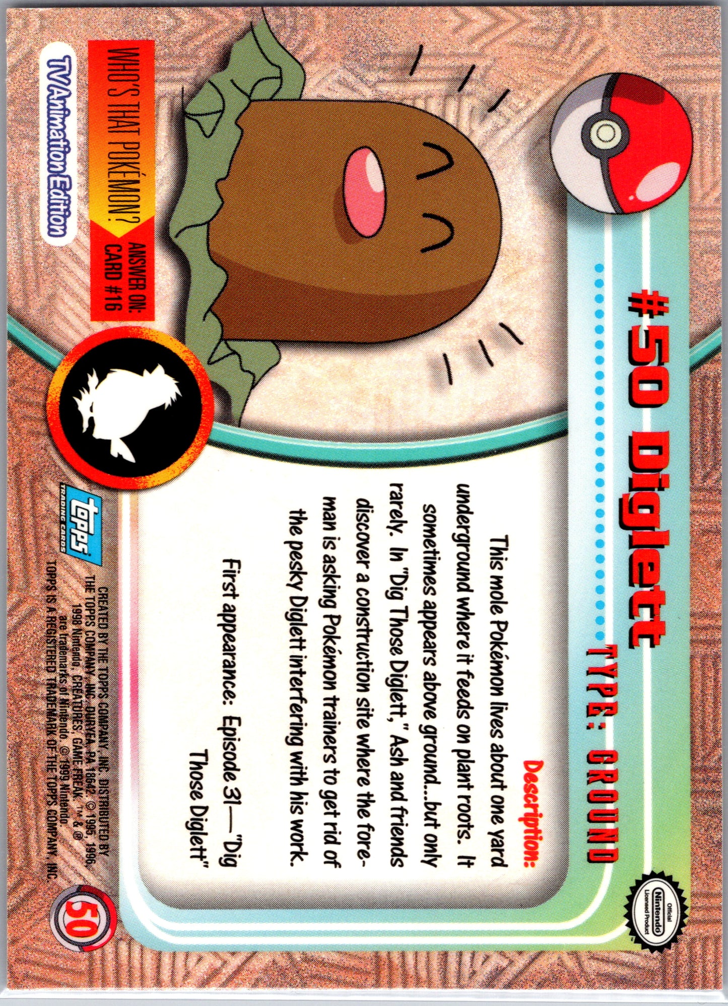 1999 Topps 50 Diglett D50