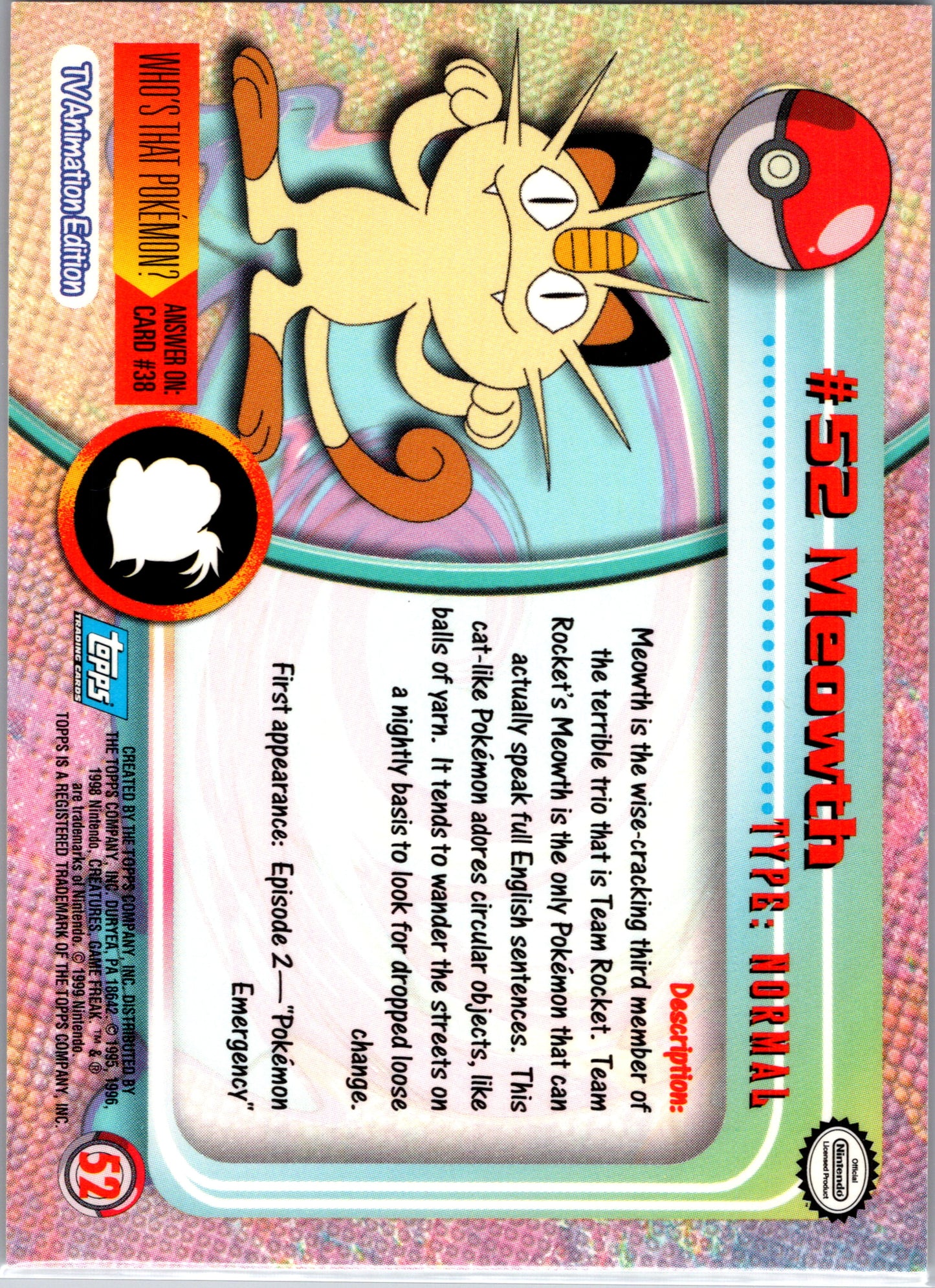 1999 Topps 52 Meowth D52