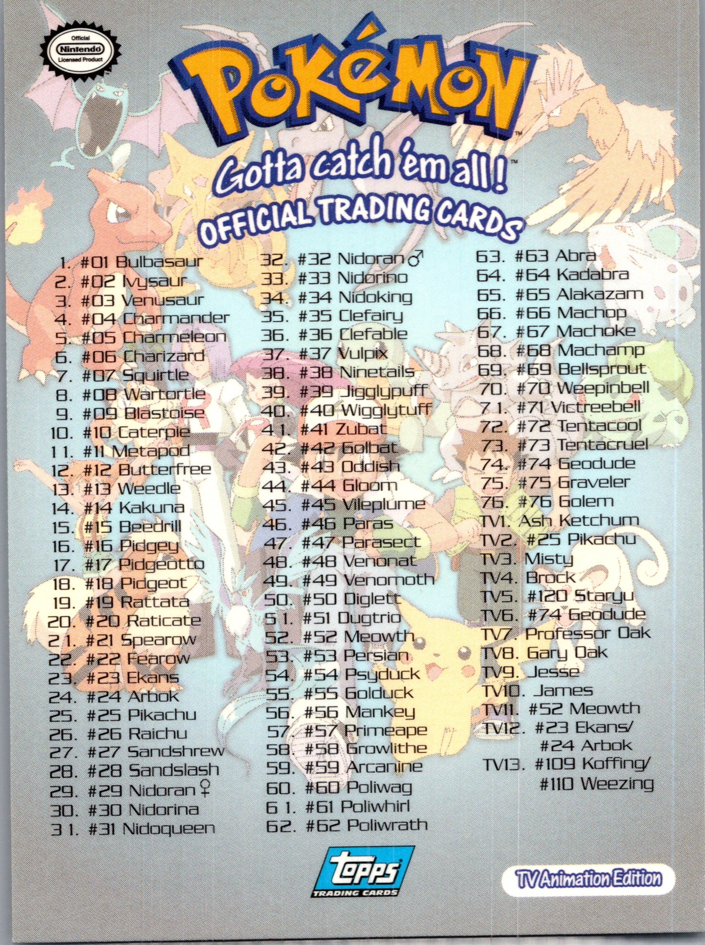 1999 Topps Gotta catch 'em all! Card List D90